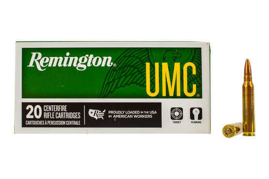 Remington UMC .223 Remington ammunition loaded with 55-grain full metal jacket bullets in a 20-round box.